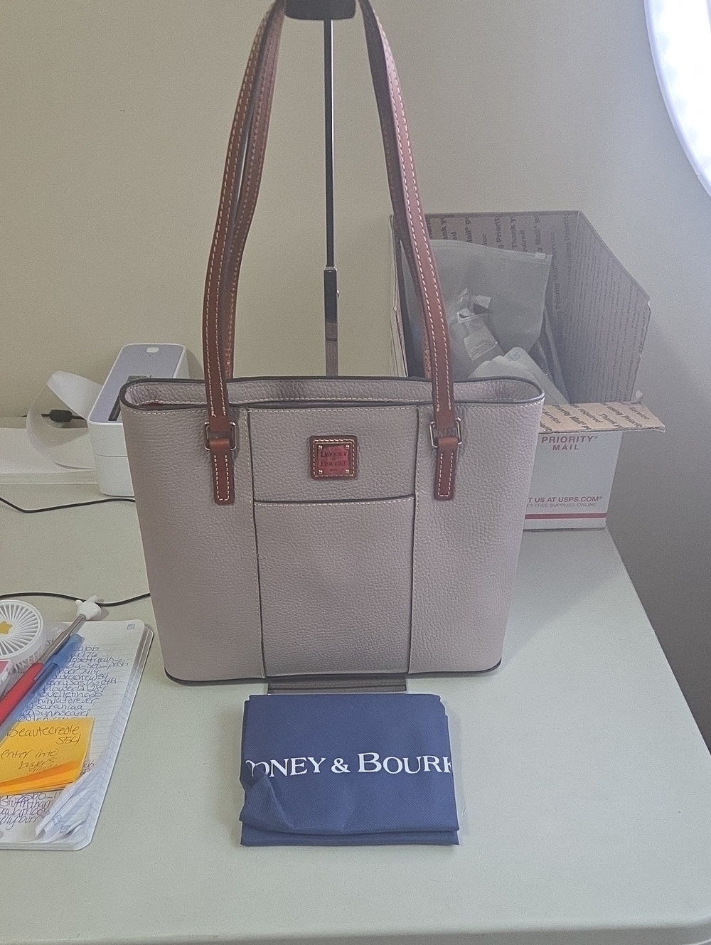 Dooney & Bourke Small Lexington Light Gray Tote with Brown Straps
